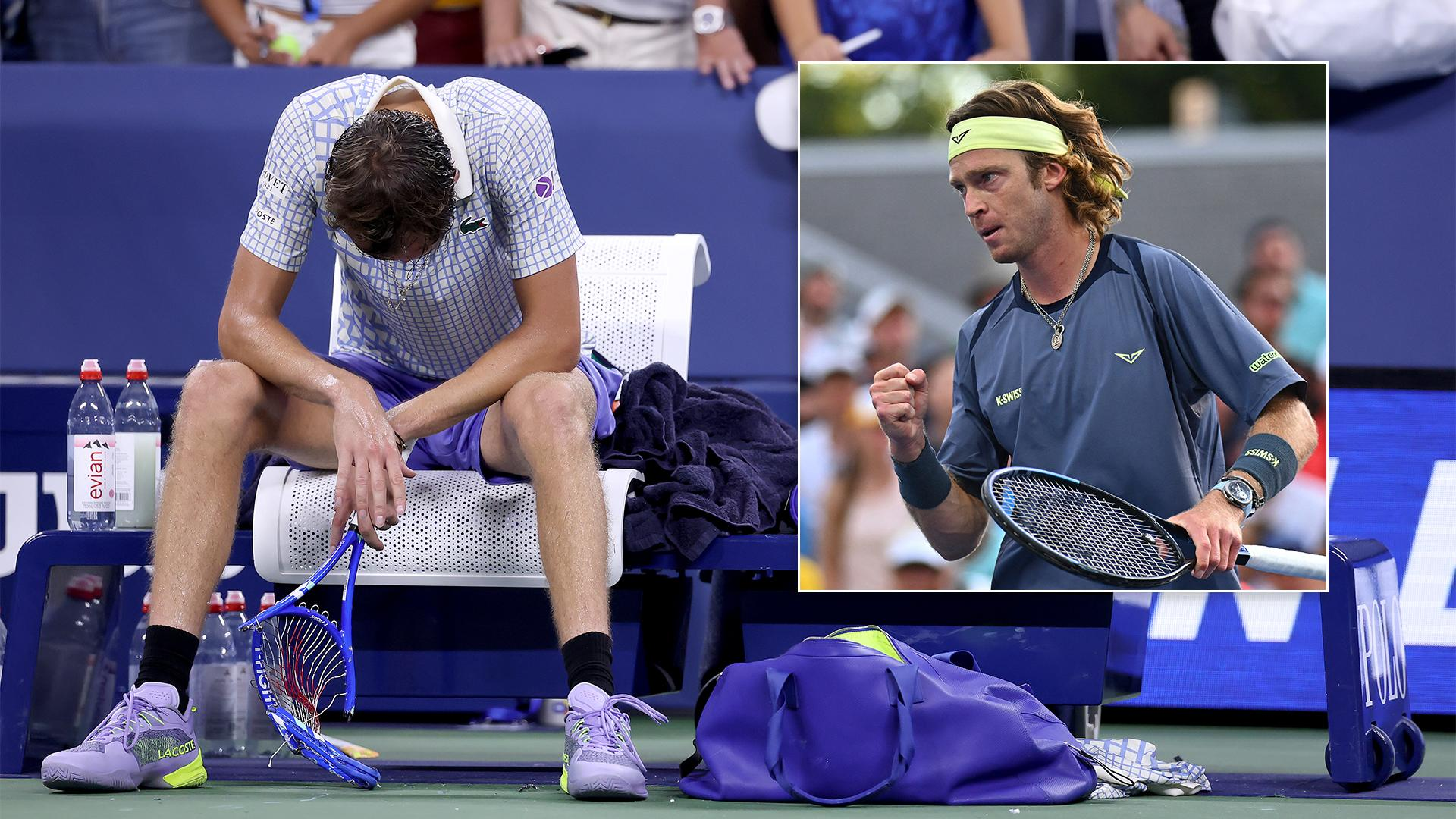 Andrey Rublev supports Daniil Medvedev after his emotional US Open moment